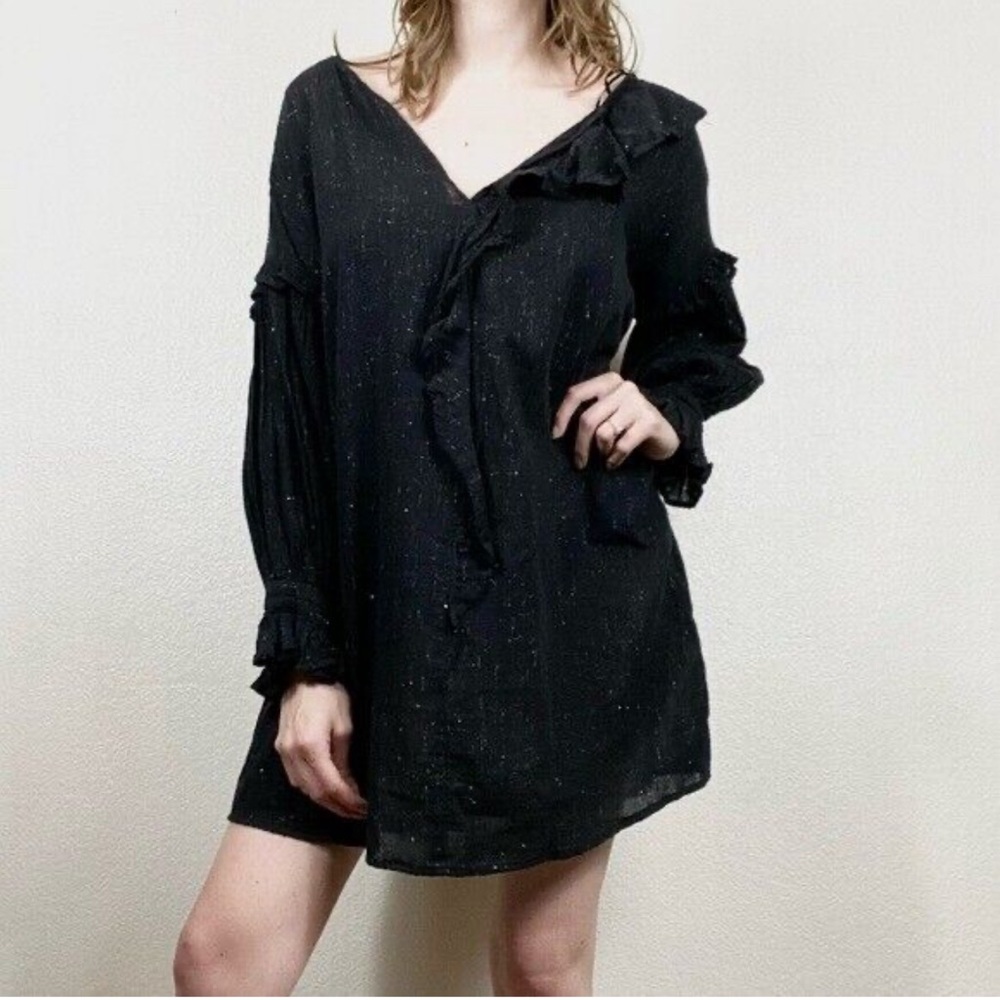 Zara Black & Silver Sparkly Ruffle Long Sleeve Mini Dress